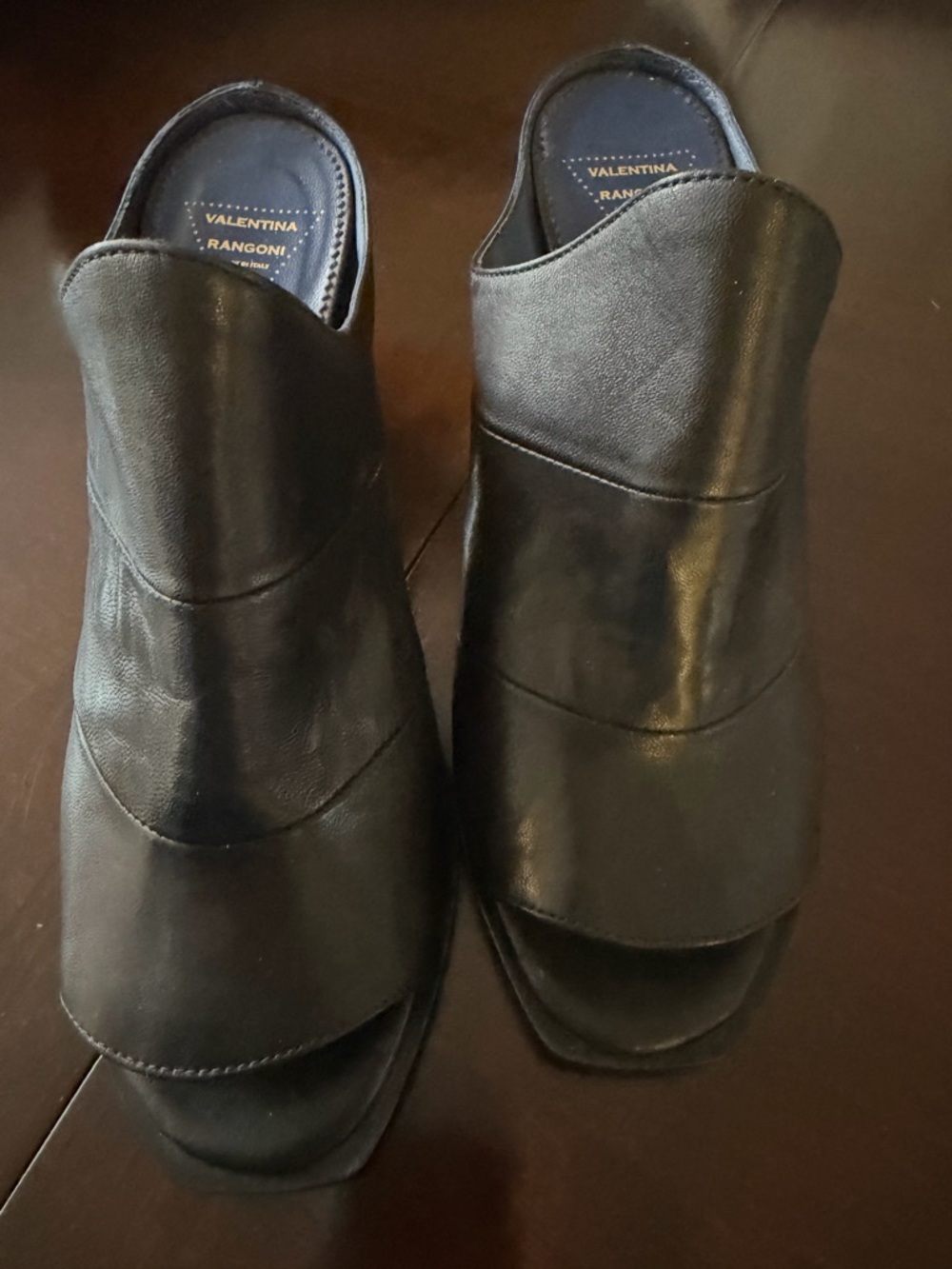 Rangoni Black Leather Open-Toe Heeled Mules